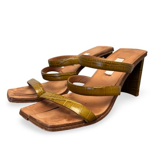 Miista Croc Embossed Olive Green Strappy Split Square Toe Heels Size 38 - Picture 6 of 9